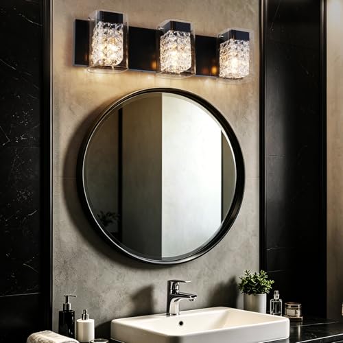 Image of Modern Crystal Bathroom Light Fixtures, 3-Light Black Vanity Lights with Clear Shades, Bathroom Lighting Fixtures Over Mirror Wall Light for Living Room, Decoration,Bedroom(Exclude Bulb)