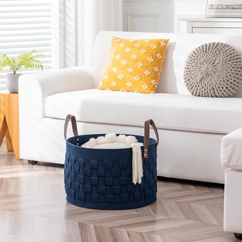 BOLDMONKEY Laundry Basket 20" x20 " x11.8 ",Extra Large Round Blanket Basket with Leather Handle, Felt Storage Basket for Living Room, Nursery, Dog Toys-Navy Blue by boldmonkey - Used condition - Image 7