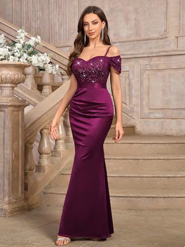 Image of Miusol Women's Elegant Sequin Lace Spaghetti Straps Formal Satin Maxi Dress