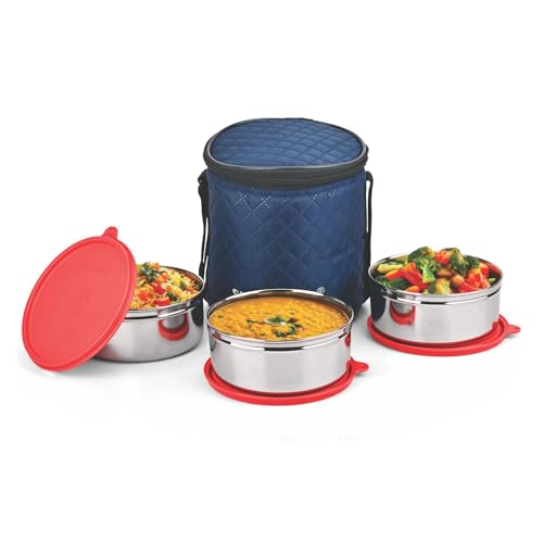 Image of SignoraWare Big Meal Stainless Steel Container Set | Airtight & Leakproof | Durable & Rust-Free | Ideal for Office, School, Home & Outdoor Use (800mlx3 | Set of 3 | Red)