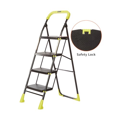 Image of Amazon Basics Dynamo - Foldable Step Ladder, Safety Clutch Lock, Anti Slip Steps, Knee Guard, Anti Skid PVC Shoes, 4 Steps (Steel, Black & Lime Green)