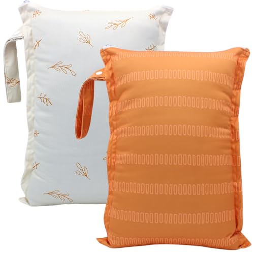 YULUONAPS Wet Dry Bag 2pcs Waterproof Reusable Wet Bag for Swimsuits, Baby Cloth Diaper, Travel, Beach, Pool, Bathing Suit, Gym Wet Clothes (Orange Leaf)