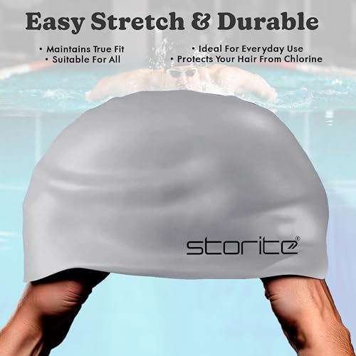 Image of Storite Silicone Swimming Cap for Men & Women (Grey) | Waterproof, For Long Hair Adults, Stretchable Anti-Slip, Pool Cap Professional Swimming Hat