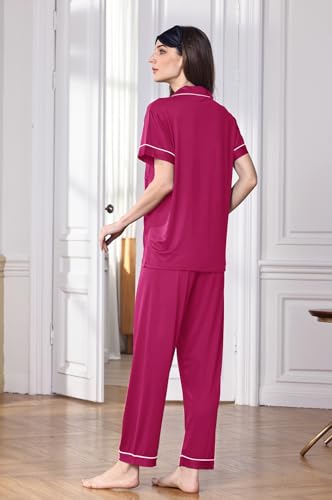 Image of WJing Yi Jia Womens Soft Pajamas Set XS-XXL Button Down Sleepwear Short Sleeves Pajama sets with Long Pants Pj Set Nightwear