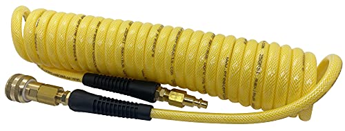 20' Polyurethane Braided 250 PSI Working Pressure Yellow Coil Hose with 300 PSI Quick Connect for Air Tools