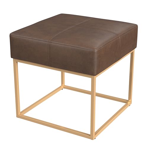 Image of HomePop 18 inch Small Square Gold Metal Ottoman - Brown Faux Leather