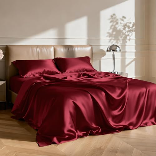 Image of Love's cabin Twin Satin Sheets Sets - 3 Piece Burgundy Silky Bed Sheets with Deep Pockets, Luxury Silk Feel Satin Twin Size Sheet Set Bedding Set (1 Flat Sheet,1 Fitted Sheet,1 Pillow case)