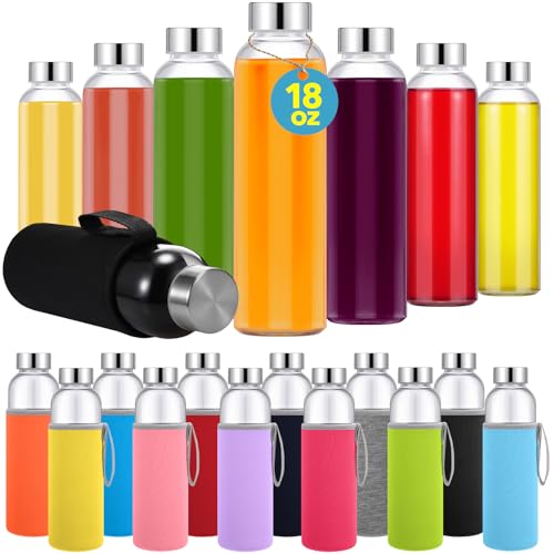 Image of Vesici 18 oz Glass Water Bottles with Sleeves, Set of 12 Reusable Glass Juice Bottles with Leakproof Lids for Juicing, Refrigerator Storage and Summer Beach Party Favors(Colorful,Classic)