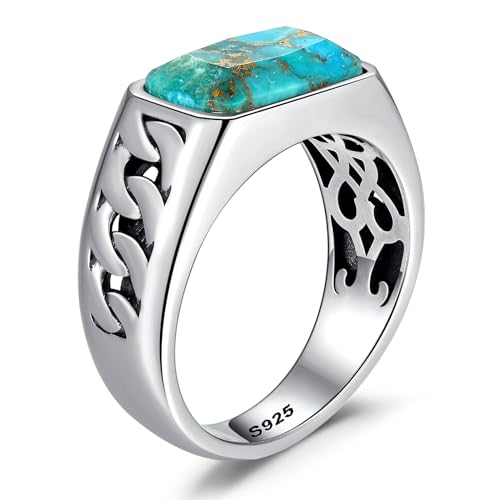 5ct 925 Sterling Silver Mens Cuban Link Ring Handmade Ring Rectangle-Cut Mens Teal Turquoise/Synthetic Black Onyx Rings Anillos de Hombre for Birthday Jewelry Gift Band Width 4.8mm Size 8-122