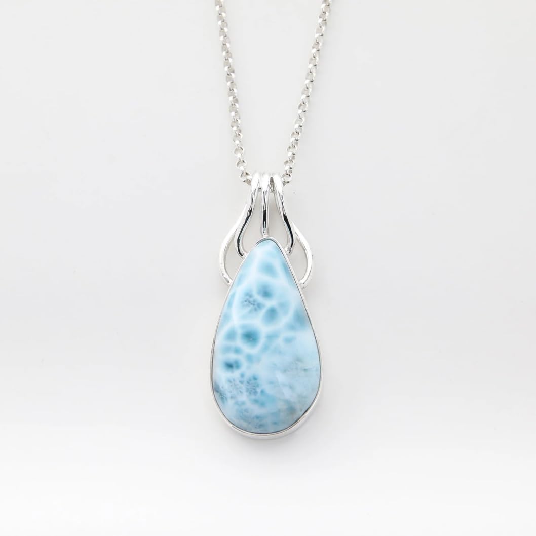 Collier artisanal avec pendentif en larimar naturel en forme de larme, chaîne en argent sterling 925, pierre précieuse bleue dominicaine, House of Aafreen