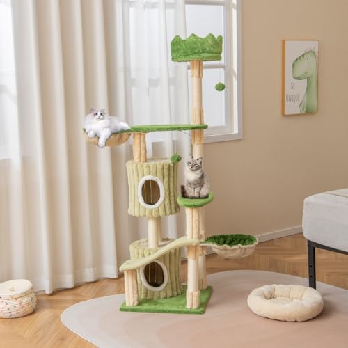 Árbol para gatos verde de 63 pulgadas con 2 cabañas y rascador miniatura 2