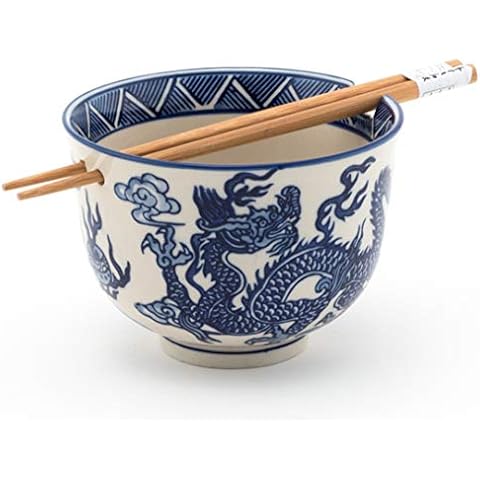 Happy Sales, Multi Purpose 5"D Ramen Udon Soba Pho Noodle Donburi Rice Tayo Bowl with Chopsticks (BlueDragon) Cover
