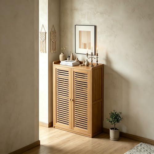 Image of WiFi Router Storage Cabinet with Louvered Doors,Adjustable Shelves,Multi-Functional Hidden Storage Cabinet,for Living Room,Office,Small Households