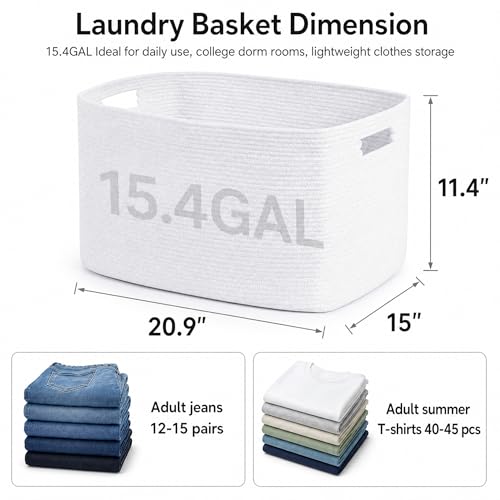 Image of Cotton Rope Laundry Basket Medium, 15.4GAL Collapsible Woven Storage Baskets for Living Room Kids Toys Stuffed Animal,Boho Rectangular Decorative Short Hamper for Dirty Clothes, Blankets Pure White