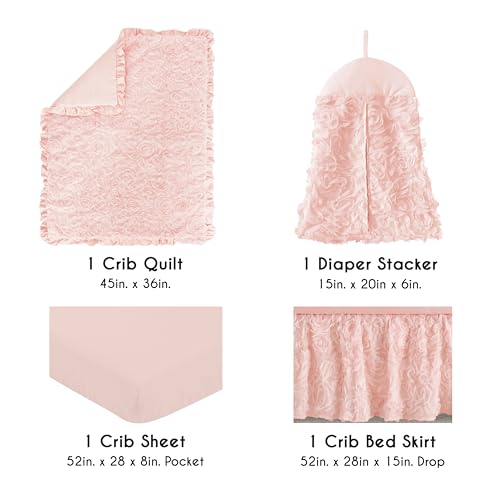 Image of Sweet Jojo Designs 4-Piece Baby Crib Bedding Set (Blush Pink Floral Rose) for Girls, Infants /Nursery incl. Blanket, Fitted Sheet, Skirt, Diaper Stacker (Elegant, Princess, Luxury, Glam, Ruffle Roses)