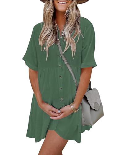 Image of PYGFEMR Women's Short Sleeve Babydoll Dress Button Down Dresses with Pockets