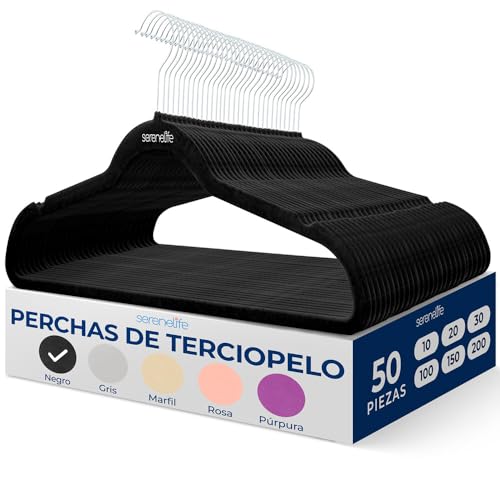 SereneLife Perchas, Ropa de Terciopelo, Antideslizantes, Finas y Suaves, 50 Piezas con Gancho Giratorio de 360°, Color Negro