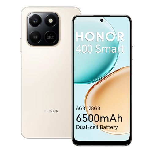 HONOR 400 Smart Smartphone 4G 6GB 128GB, Batería 6500mAh, Pantalla Resistente a Caídas de 6.77' IP54, Cámara Principal de 108MP, Android 15, Dual SIM, NFC, Oro