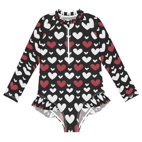Girls One Piece Swimsuits Long Sleeve Swimsuit Zipper Bathing Suits Love Black Red