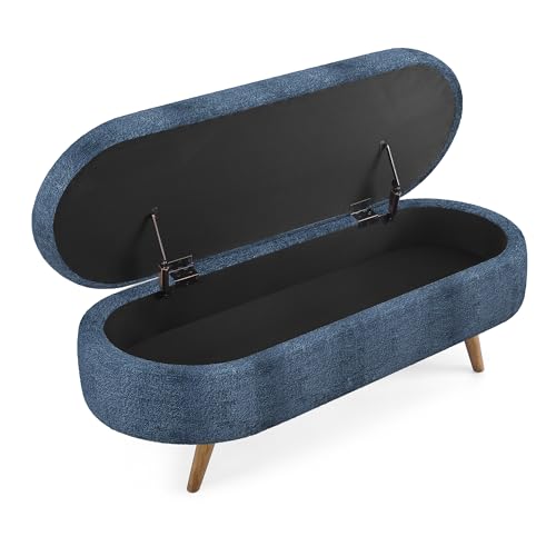 Image of ECLYL Oval Storage Bench 43.5 inch Linen Fabric Upholstered Entryway Bench with Solid Wood Legs Ottoman Bench Indoor Bench for Living Room /Bedroom /End of Bed /Entryway (Blue)