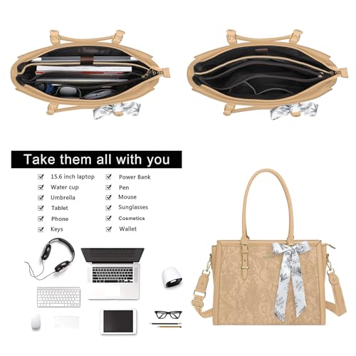 Image of MOSISO Laptop Bag for Women, PU Leather Tote Bag, Front Embossed Retro Hibiscus Computer Bags with Silk Scarf&Clutch Purse