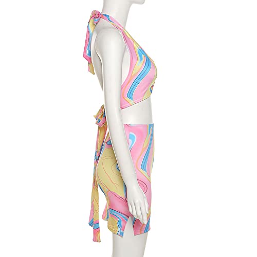 Lufeng Women's Sexy Cut Out Bodycon Summer Dress Halter Deep V Neck Sleeveless Backless Lace Up Mini Club Dress (Small, A-Pink) #TOP4