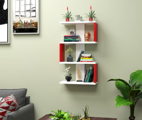 Image of Madhuran S Shape Engineered Wood Wall Mounted Decor Items Display Shelf (Red+White)