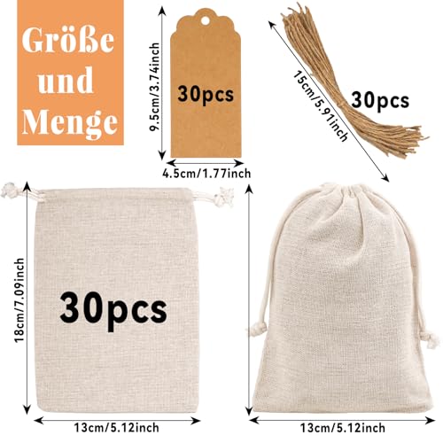 rietegio 30 Stücke Baumwollsäckchen mit Kordelzug und 30 Stück Geschenkanhänger 13x18cm Stoffbeutel Klein Unbedruckt Stoffsäckchen zum Befüllen für Schmuck Hochzeit Party DIY Handwerk Weihnachten