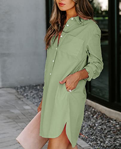 Image of Aoudery Womens Button Down Shirt Dresses with Pockets Cotton Button Up Tunics Long Sleeve Solid High Low Blouse Tops-Olive Green-L