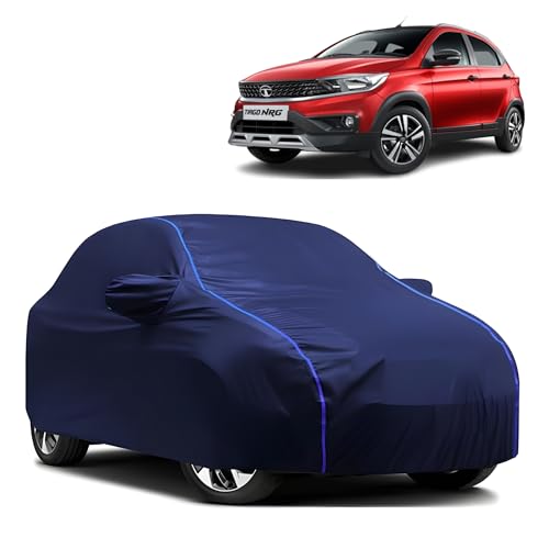 Image of Kerwa Car Body Cover Waterproof with TATA Tiago NRG, Dust & UV Resistant All-Weather Proof Full Body Cover, Blue with Blue Lining, Triple Stitch Elasticated Bottom with Mirror Pocket