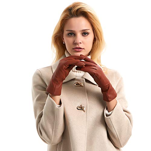 Harssidanzar Women's Leather Winter Gloves,Genuine Lambskin Leather Lined Cashmere Warm Driving Gloves For Women Gl006, Cognac,Size M #TOP2