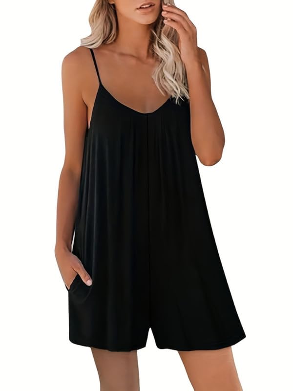 Haibang Jumpsuit Damen Sommer Elegant Lässiger Kurz Latzhosen Locker Träger Overall Einteiler Sexy Ärmellos Romper Verstellbar Spagettiträger Playsuit Hosenanzug Sommer Outfit mit Taschen