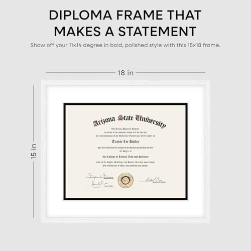 Image of Homeforia 15x18 Diploma White Wood Frame, High End Oak 15 x 18 Certificate Frames with Mat 11 x 14, 15by15 Document Frame Matted to 11by14, Graduation Wooden Frames, Tempered Glass, Wall Kit, Set of 1