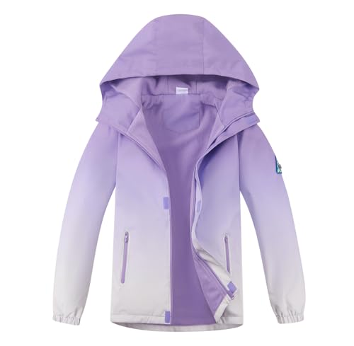 MGEOY Girls Rain Jacket Lightweight Waterproof Hooded Fleece Lined Raincoat Windbreakers for Kids Lavender Purple 10/12