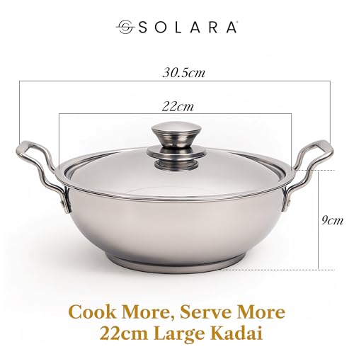 Image of SOLARA Sterra Stainless Steel Kadai /Kadhai with Lid, 22cm /8.6 inch, 2.3Ltr, Induction Base Friendly, 3-Layer Triply Thick Sandwich Bottom, 100% Toxin-Free, No Chemical Coating