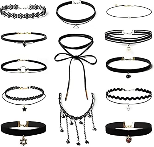 Collares, Jewelry Gargantilla para Mujer, 13 piezas, Conjunto de Collar de Gargantilla de Encaje Negro, Gargantillas de Terciopelo para Mujeres