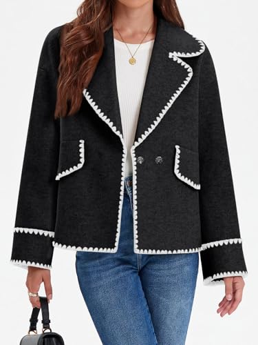 Cicy Bell Womens Cropped Wool Jacket Embroidered Contrast Trims Blazer Fall Short Pea Coat with Pockets2