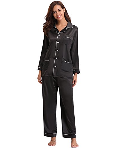 Abollria Pijamas Saten Mujer Manga Larga Set,Ropa de Dormir Elegante y Moda 2 Piezas (XXL=EU(52-54), Negro)