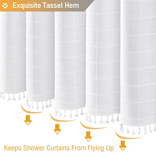 Image of BTTN White Boho Farmhouse Linen Thick Water Repellent Shower Curtain, 72x72 | Heavy Duty Fabric, 12 Plastic Hooks, Three-sided Tassels, Bohemian Country, Machine Washable, Wrinkle Free, Bathroom Decor