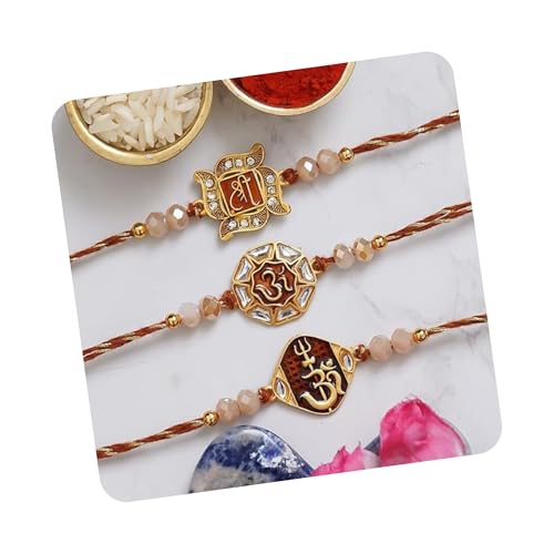 Image of eCraftIndia Multicolor Set of 3 Semi Precious Stone Designer Rakhis with Roli Chawal Pack - Rakhi for Brother