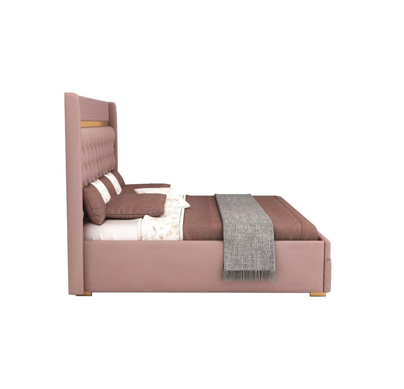 Image of MAMTA DECORATION Solid Wood King Size Bed with Hydraulic Box Storage | Premium Velvet Upholstered Tufted Headboard Double Bed | Wooden Cot Bed for Bedroom, Home, Hotel & Guest Room | Onion Pink Finish