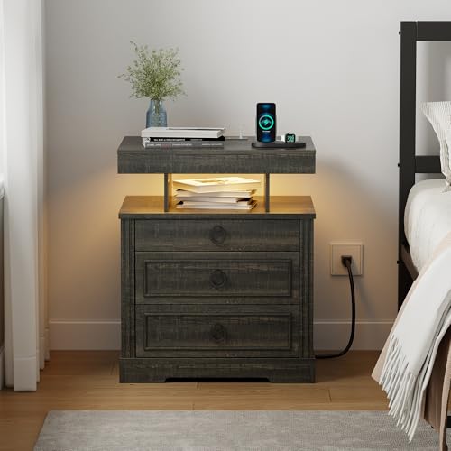 MDGC Nightstand with Gun Drawer,LED Bedside Table with Charging Station,Night