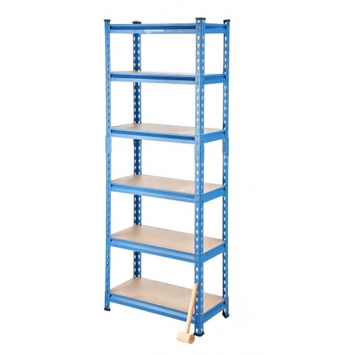 Image of Amazon Basics 6-Tier Storage Rack | Bolt-Free Assembly | Metal Stand & Thick MDF Board | 175kg Capacity Per Shelf | 72H x 24W x 12D inch Adjustable Shelf Rack for Home, Garage & Shop | Blue