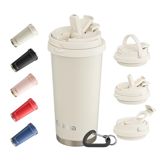 Exllena Travel Mug - Insulated Coffee Cup 500ml with 3-in-1 Lid - 100% Leakproof Coffee Mug with Handle and Clip Perfect for Travel, Office, and Outdoor Activities...(Beige)