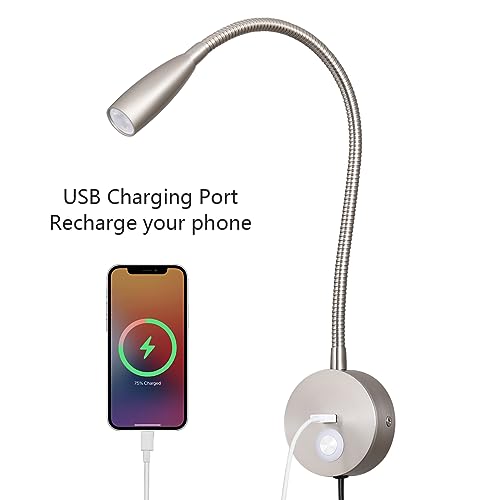 Image of LED Bedside Touch Dimmable Wall Mounted Reading Light - Night Light With USB Flexible Gooseneck - Brushed Nickel