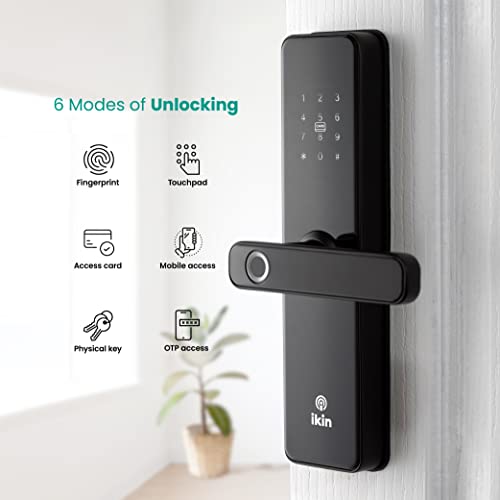 Image of IKIN Smart Door Lock for Your Homes | Max | Digital Lock for Main Doors | 6- Way Unlocking | Fingerprint | Mobile App | RFID Access | OTP Access | Pincode | Mechanical Key | Biometric Lock (Black)