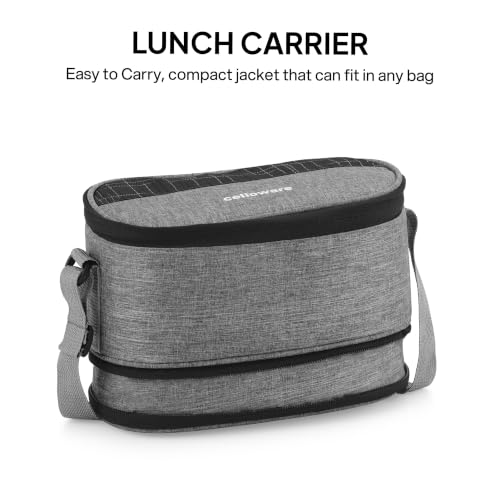 Image of CELLO MF Senator Set of 4 Stainless Steel Lunch Box with Extendable Zipper Bag, Black | 300ml, 300ml, 500ml Containers, 750ml Oval Container with Spoon & Fork, Leakproof Airtight Tiffin Set for Office