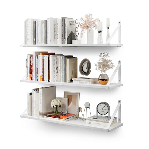 CASSA ZENO Wandmontierte schwebende Bücherregale für die Wand, 3er-Set, 80 cm x 20 cm Regal Bücherregal für Schlafzimmer Wohnzimmer Büro Badezimmer Küche Rustikales Holz mit Metallhalterung (weiß)