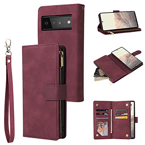 Coque pour Google Pixel 6 antichoc et étui portefeuille rétro bordeaux