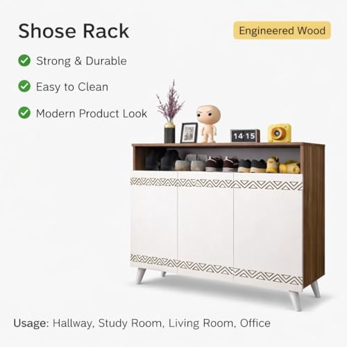 Image of Spyder Craft Engineered Wood Shoe Rack with Door Multi-Layer Storage Organizer Shelf Free Standing Stand Entryway Rack Cabinets (Wood Brown & White /120 x 96 x 35 cm), DIY(Do-It-Yourself) (SL1)